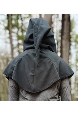 Cloakmakers.com H563-Washable Almost Black Fleece Hooded Cowl w/ Dual Red Dragon Embroidery & Liripipe