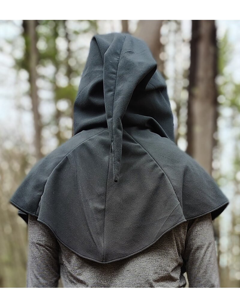 Cloakmakers.com H563-Washable Almost Black Fleece Hooded Cowl w/ Dual Red Dragon Embroidery & Liripipe