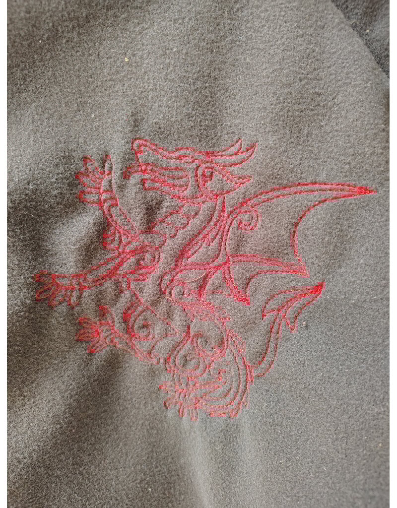 Cloakmakers.com H563-Washable Almost Black Fleece Hooded Cowl w/ Dual Red Dragon Embroidery & Liripipe