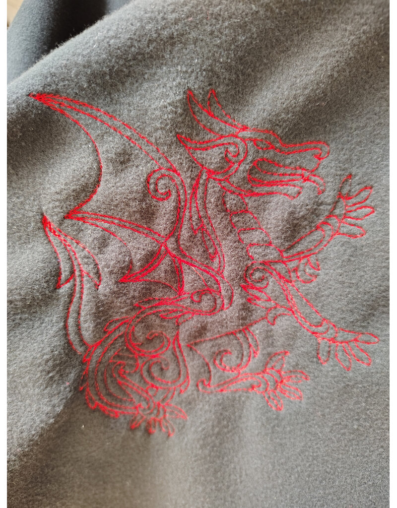 Cloakmakers.com H563-Washable Almost Black Fleece Hooded Cowl w/ Dual Red Dragon Embroidery & Liripipe