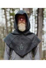 Cloakmakers.com H564-Washable Almost Black Fleece Hooded Cowl w/ Green Dragon Embroidery & Pointy Hood