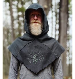 Cloakmakers.com H564-Washable Almost Black Fleece Hooded Cowl w/ Green Dragon Embroidery & Pointy Hood