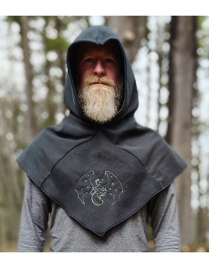 Cloakmakers.com H564-Washable Almost Black Fleece Hooded Cowl w/ Green Dragon Embroidery & Pointy Hood
