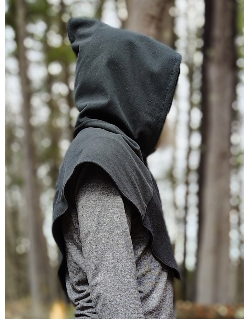 Cloakmakers.com H564-Washable Almost Black Fleece Hooded Cowl w/ Green Dragon Embroidery & Pointy Hood