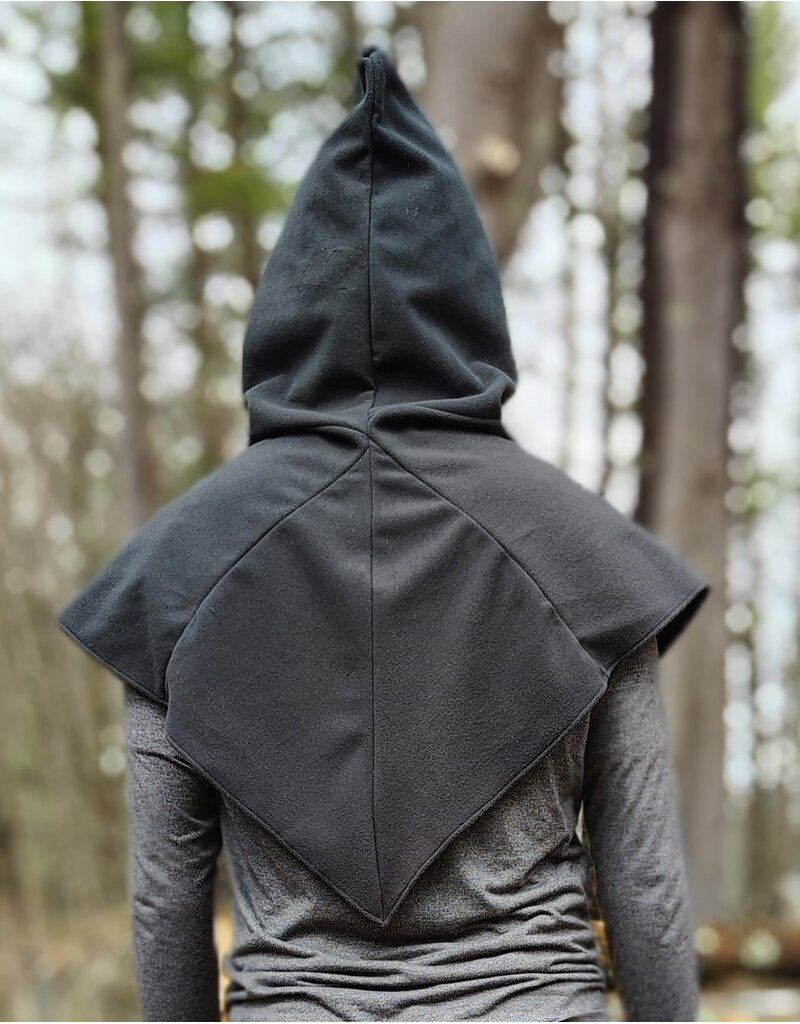 Cloakmakers.com H564-Washable Almost Black Fleece Hooded Cowl w/ Green Dragon Embroidery & Pointy Hood