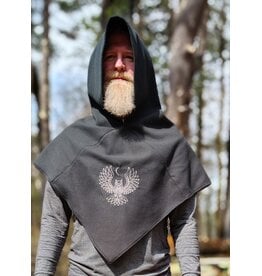 Cloakmakers.com H566-Washable Almost Black Fleece Pointy Hooded Cowl w/ Owl & Moon Embroidery