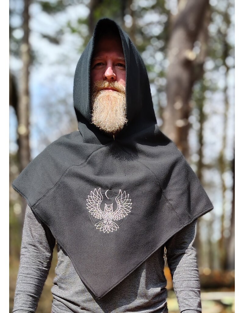 Cloakmakers.com H566-Washable Almost Black Fleece Pointy Hooded Cowl w/ Owl & Moon Embroidery
