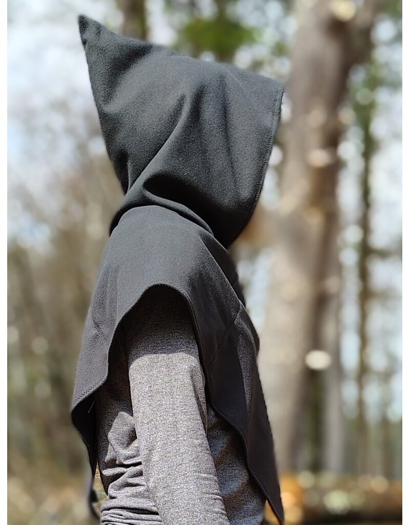 Cloakmakers.com H566-Washable Almost Black Fleece Pointy Hooded Cowl w/ Owl & Moon Embroidery