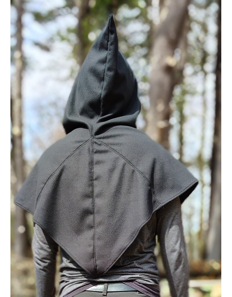 Cloakmakers.com H566-Washable Almost Black Fleece Pointy Hooded Cowl w/ Owl & Moon Embroidery