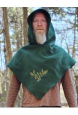 Cloakmakers.com H567-Washable Green Fleece Pointy Hooded Cowl w/ Oak & Acorn Embroidery