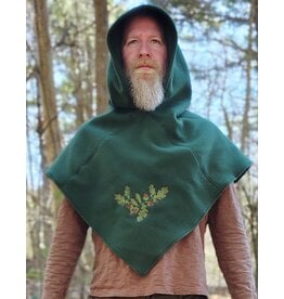Cloakmakers.com H567-Washable Green Fleece Pointy Hooded Cowl w/ Oak & Acorn Embroidery