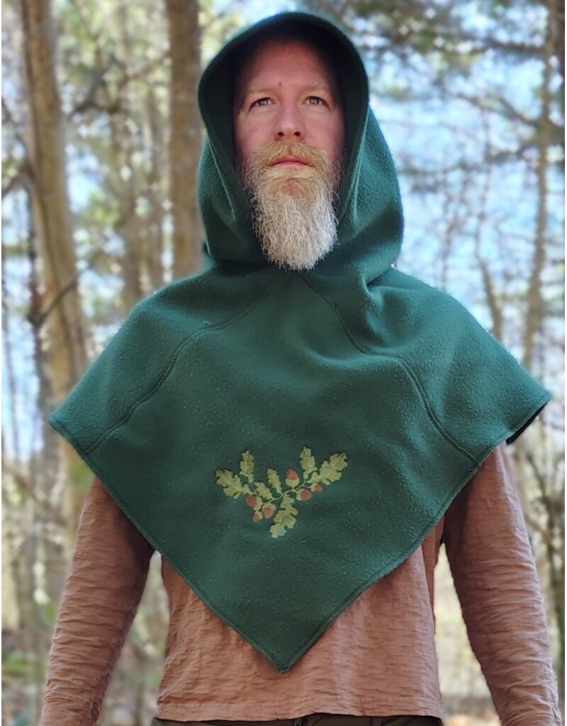 Cloakmakers.com H567-Washable Green Fleece Pointy Hooded Cowl w/ Oak & Acorn Embroidery