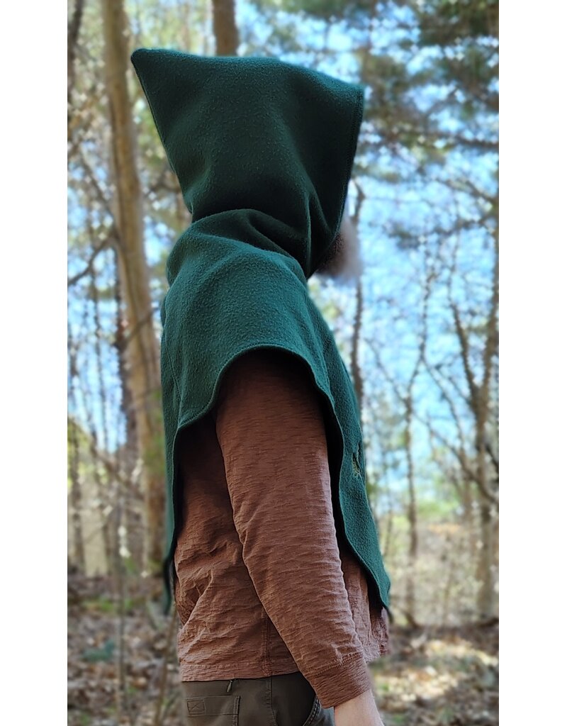 Cloakmakers.com H567-Washable Green Fleece Pointy Hooded Cowl w/ Oak & Acorn Embroidery