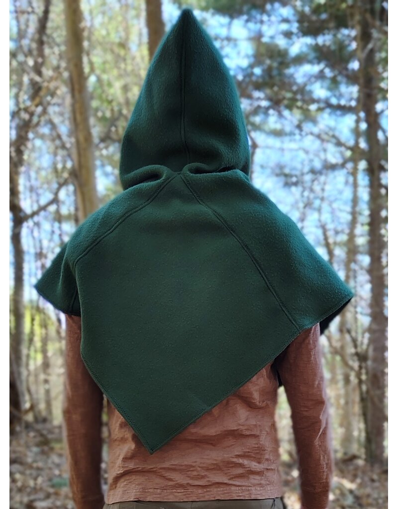 Cloakmakers.com H567-Washable Green Fleece Pointy Hooded Cowl w/ Oak & Acorn Embroidery