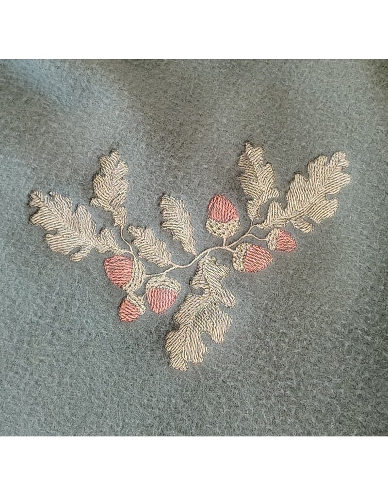 Cloakmakers.com H567-Washable Green Fleece Pointy Hooded Cowl w/ Oak & Acorn Embroidery