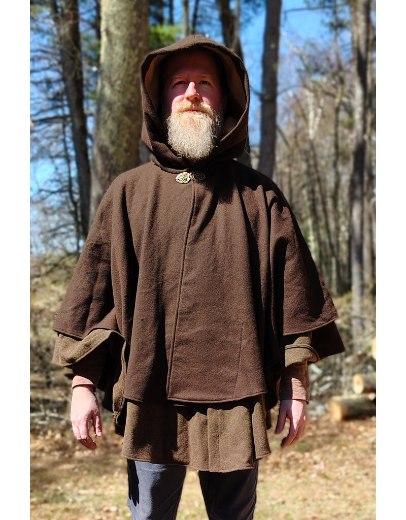 Cloakmakers.com 6005-Washable Brown Wool Blend Mantle Cloak w/ Tan Faux Suede Hood Lining & Pockets