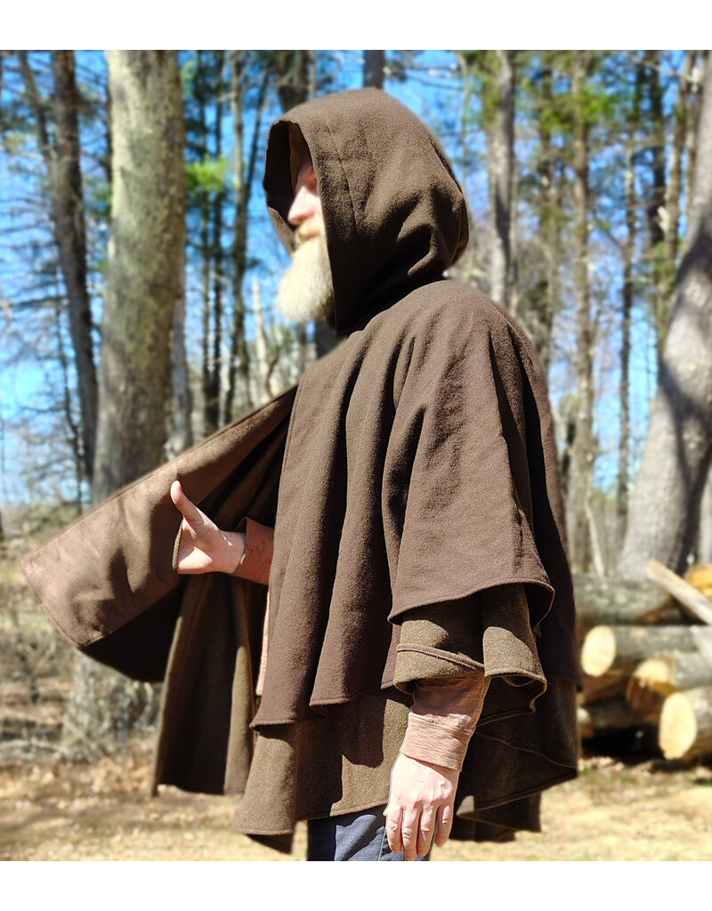 Cloakmakers.com 6005-Washable Brown Wool Blend Mantle Cloak w/ Tan Faux Suede Hood Lining & Pockets