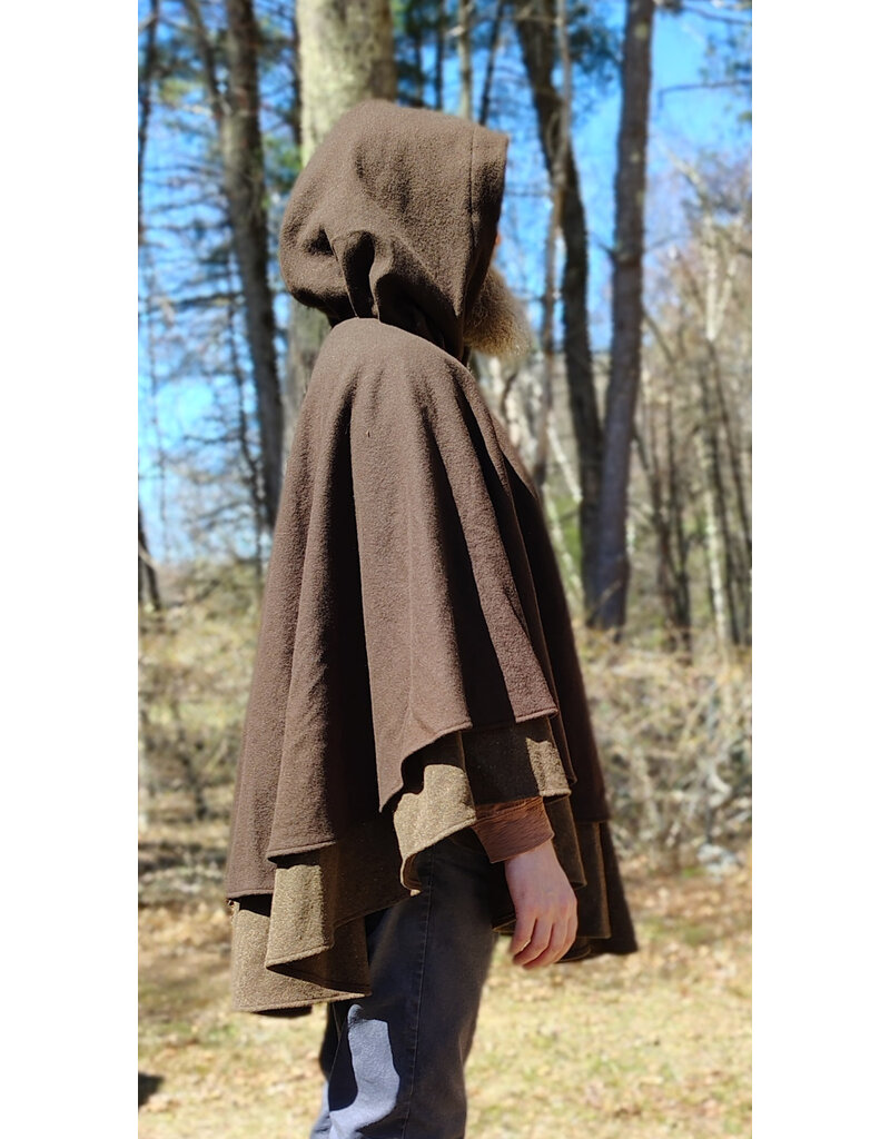 Cloakmakers.com 6005-Washable Brown Wool Blend Mantle Cloak w/ Tan Faux Suede Hood Lining & Pockets