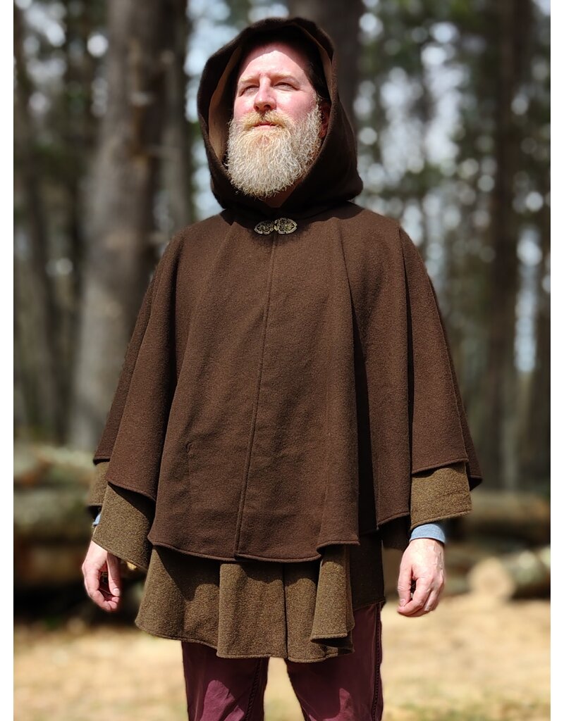 Cloakmakers.com 6005-Washable Brown Wool Blend Mantle Cloak w/ Tan Faux Suede Hood Lining & Pockets