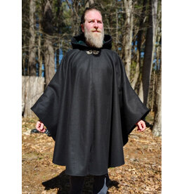 Cloakmakers.com 6006-Black Wool Cloak w/ Dark Green Velveteen Hood Lining & Green Linen Pockets