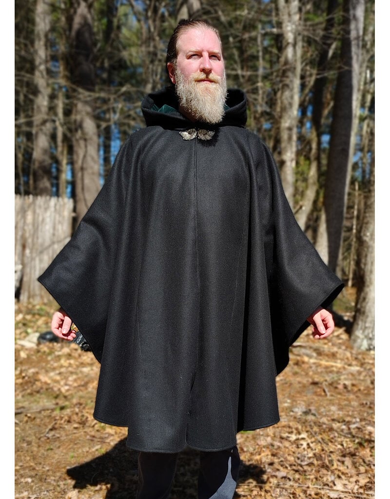 Cloakmakers.com 6006-Black Wool Cloak w/ Dark Green Velveteen Hood Lining & Green Linen Pockets