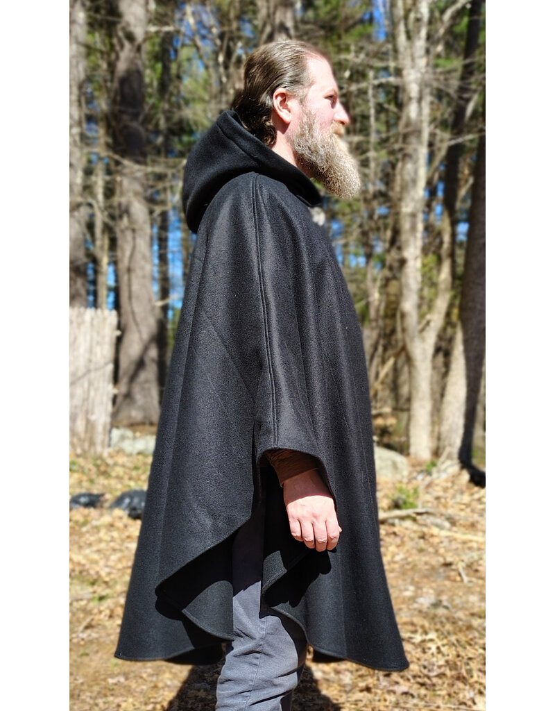 Cloakmakers.com 6006-Black Wool Cloak w/ Dark Green Velveteen Hood Lining & Green Linen Pockets