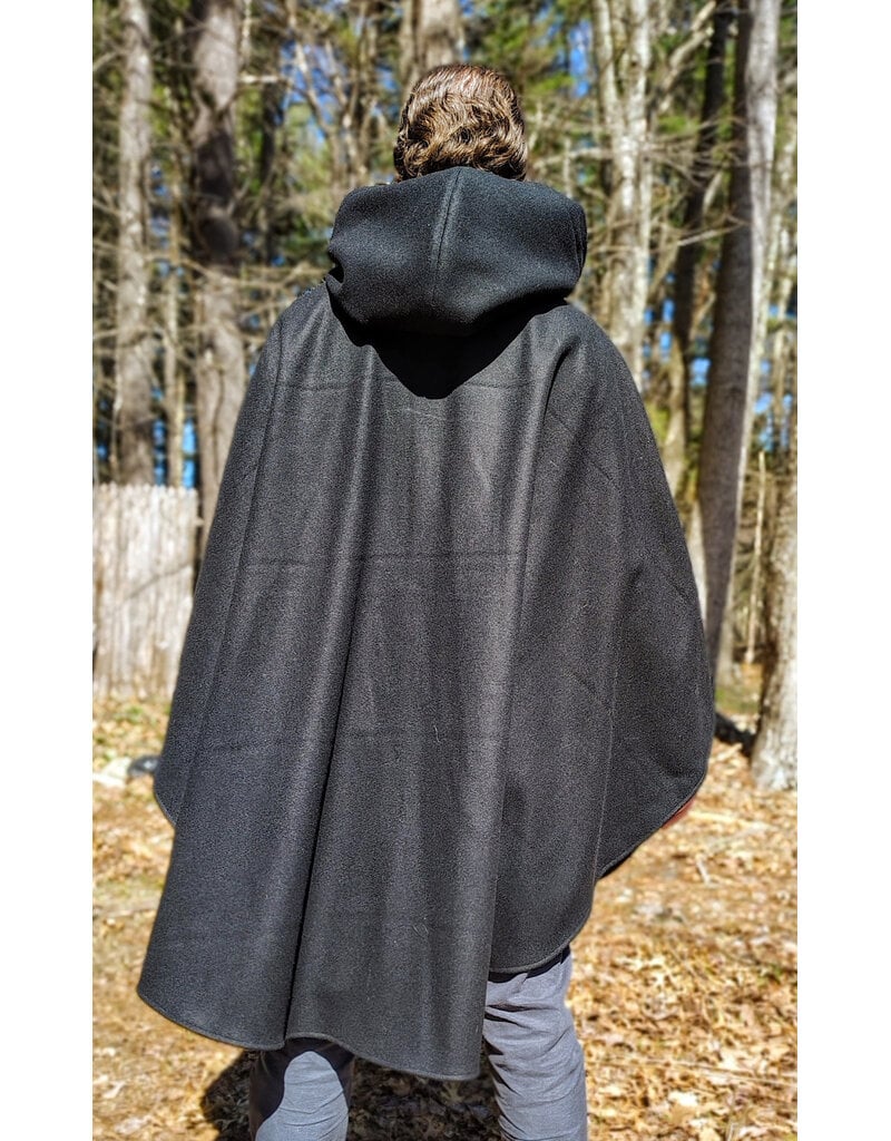 Cloakmakers.com 6006-Black Wool Cloak w/ Dark Green Velveteen Hood Lining & Green Linen Pockets