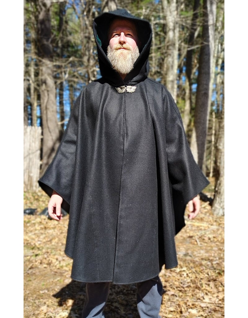 Cloakmakers.com 6006-Black Wool Cloak w/ Dark Green Velveteen Hood Lining & Green Linen Pockets