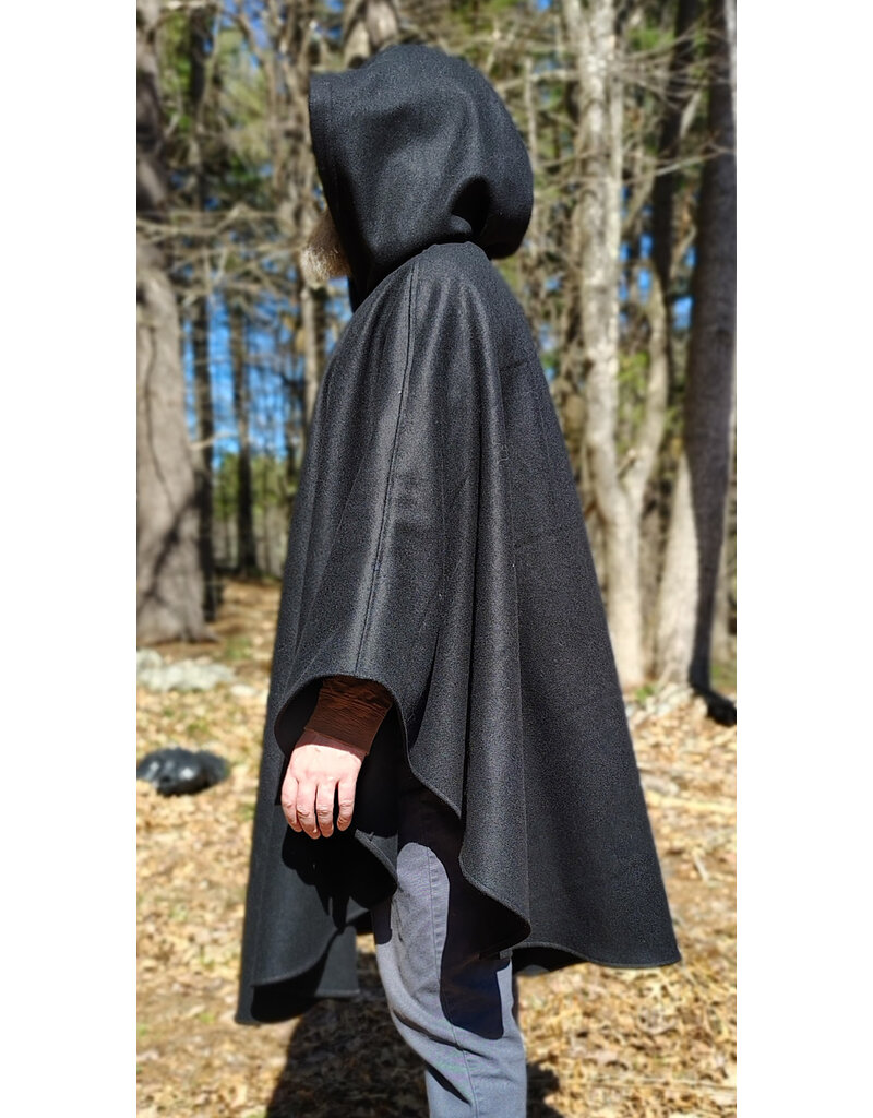 Cloakmakers.com 6006-Black Wool Cloak w/ Dark Green Velveteen Hood Lining & Green Linen Pockets