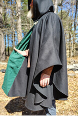 Cloakmakers.com 6006-Black Wool Cloak w/ Dark Green Velveteen Hood Lining & Green Linen Pockets