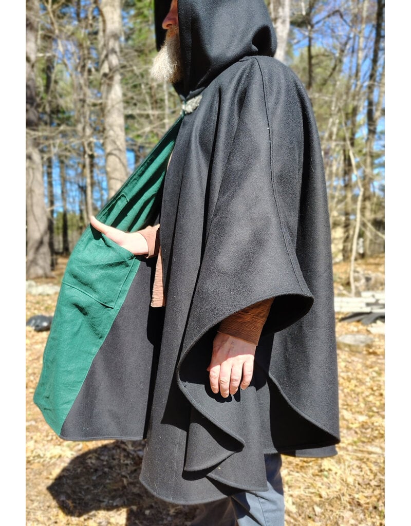 Cloakmakers.com 6006-Black Wool Cloak w/ Dark Green Velveteen Hood Lining & Green Linen Pockets