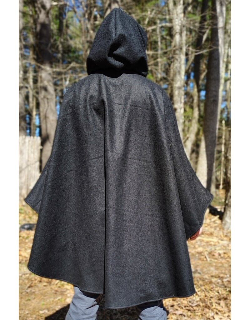 Cloakmakers.com 6006-Black Wool Cloak w/ Dark Green Velveteen Hood Lining & Green Linen Pockets