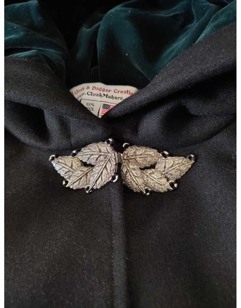 Cloakmakers.com 6006-Black Wool Cloak w/ Dark Green Velveteen Hood Lining & Green Linen Pockets