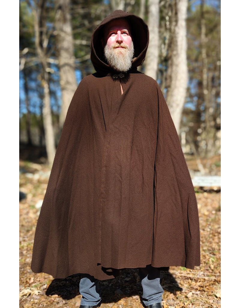 Cloakmakers.com 6007-Washable Brown Wool Cloak w/ Brown Faux Suede Hood Lining & Bronze Tone Clasp