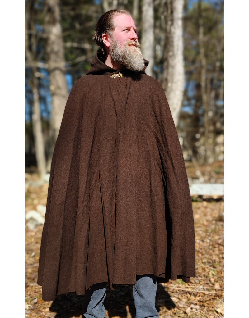 Cloakmakers.com 6007-Washable Brown Wool Cloak w/ Brown Faux Suede Hood Lining & Bronze Tone Clasp