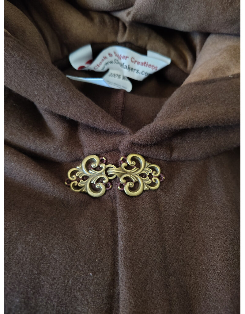 Cloakmakers.com 6007-Washable Brown Wool Cloak w/ Brown Faux Suede Hood Lining & Bronze Tone Clasp
