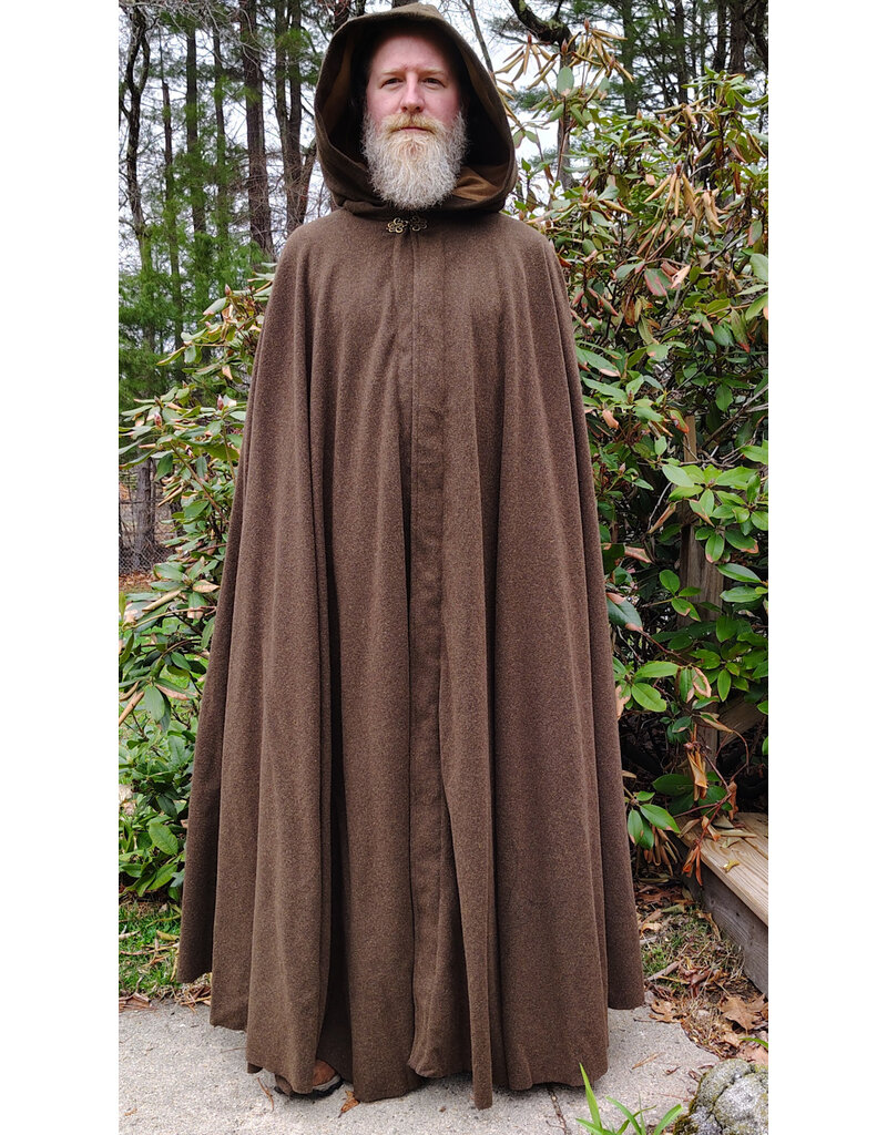Cloakmakers.com 6009-Washable Long Brown Ranger Cloak w/ Tan Faux Suede Hood Lining & Bronze Tone Clasp