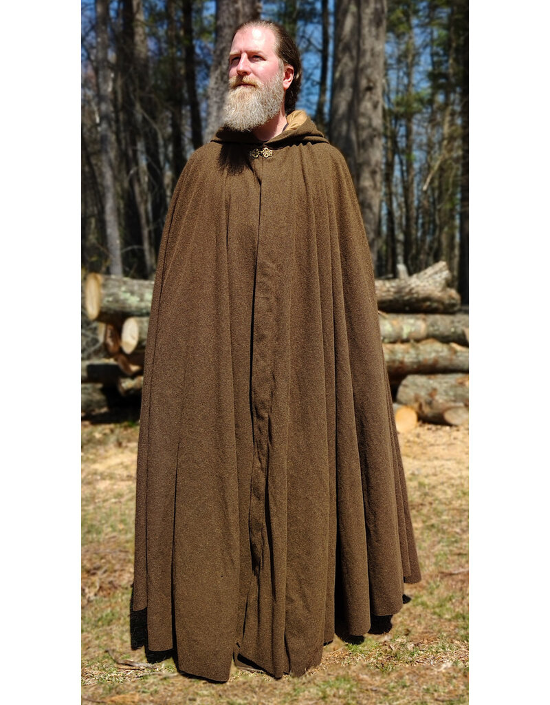 Cloakmakers.com 6009-Washable Long Brown Ranger Cloak w/ Tan Faux Suede Hood Lining & Bronze Tone Clasp
