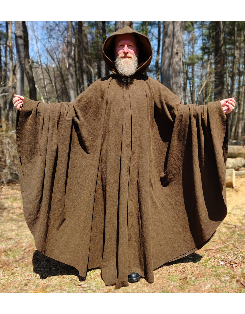 Cloakmakers.com 6009-Washable Long Brown Ranger Cloak w/ Tan Faux Suede Hood Lining & Bronze Tone Clasp