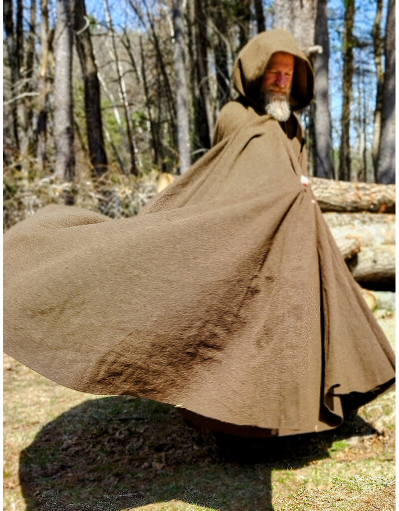 Cloakmakers.com 6009-Washable Long Brown Ranger Cloak w/ Tan Faux Suede Hood Lining & Bronze Tone Clasp