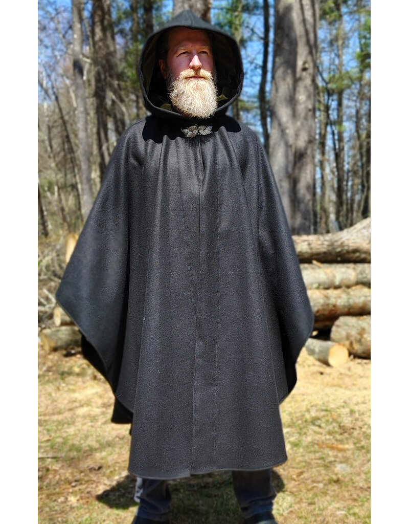 Cloakmakers.com 6011-Black Wool Cloak w/ Dark Olive Green Velvet Hood Lining & Multileaf Clasp