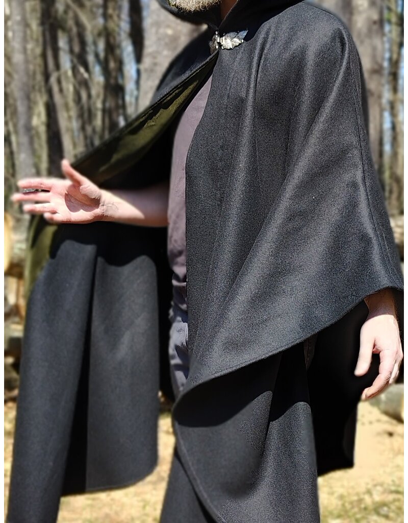 Cloakmakers.com 6011-Black Wool Cloak w/ Dark Olive Green Velvet Hood Lining & Multileaf Clasp