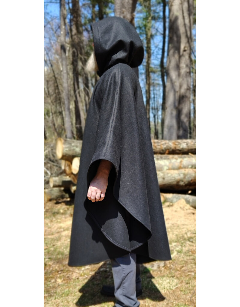 Cloakmakers.com 6011-Black Wool Cloak w/ Dark Olive Green Velvet Hood Lining & Multileaf Clasp