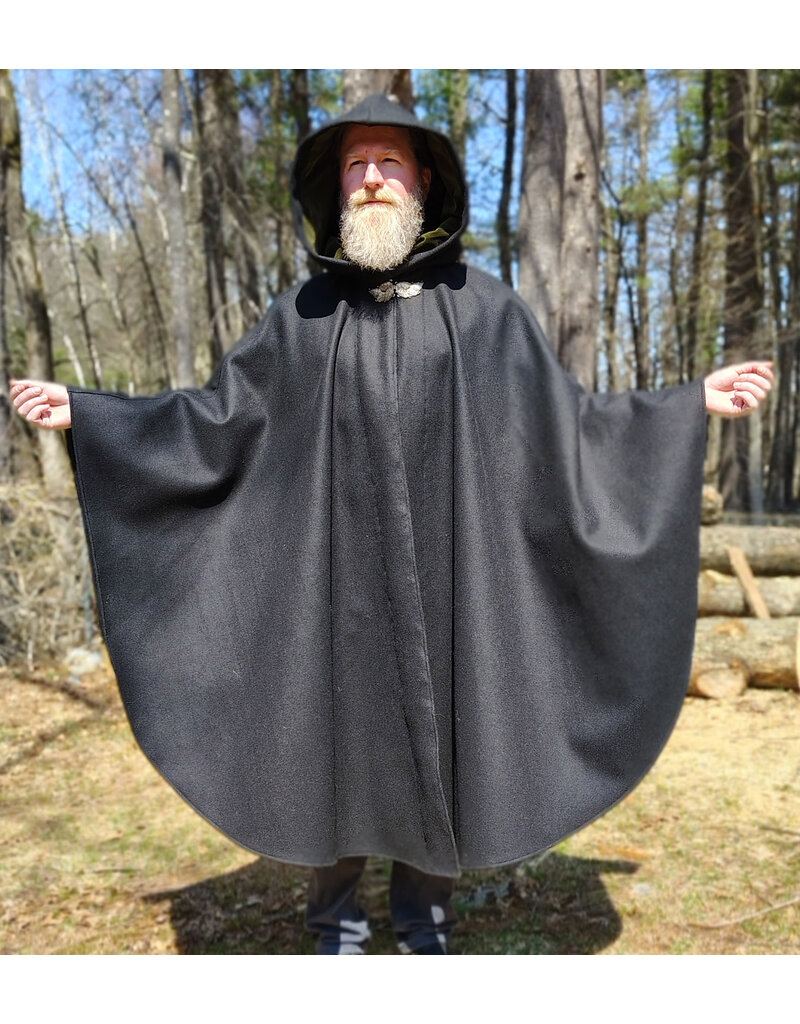 Cloakmakers.com 6011-Black Wool Cloak w/ Dark Olive Green Velvet Hood Lining & Multileaf Clasp