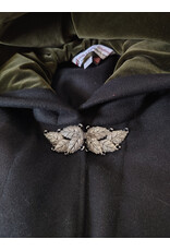 Cloakmakers.com 6011-Black Wool Cloak w/ Dark Olive Green Velvet Hood Lining & Multileaf Clasp