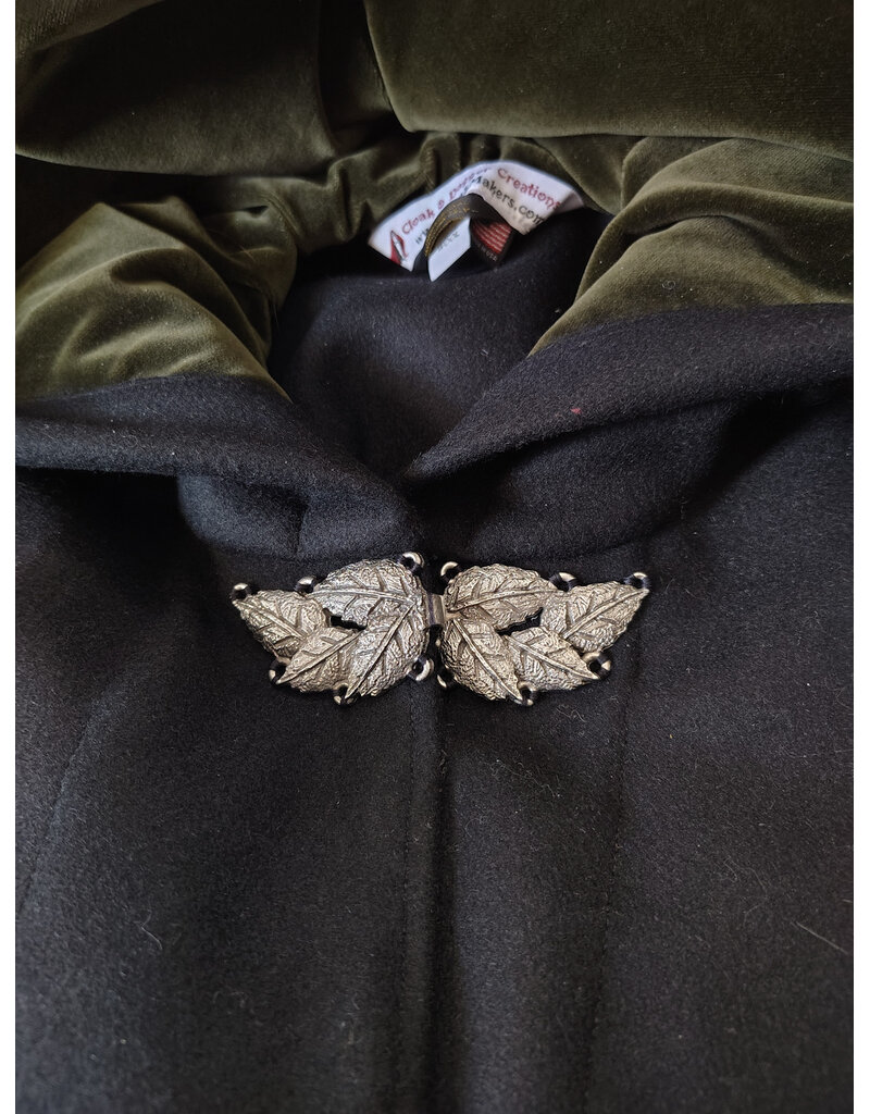 Cloakmakers.com 6011-Black Wool Cloak w/ Dark Olive Green Velvet Hood Lining & Multileaf Clasp