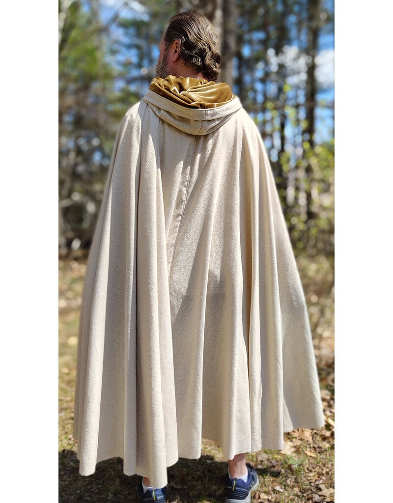 Cloakmakers.com 6012-Washable Lightweight Cream & Gold Wool Blend Cloak w/ Dark Gold Velvet Hood Lining