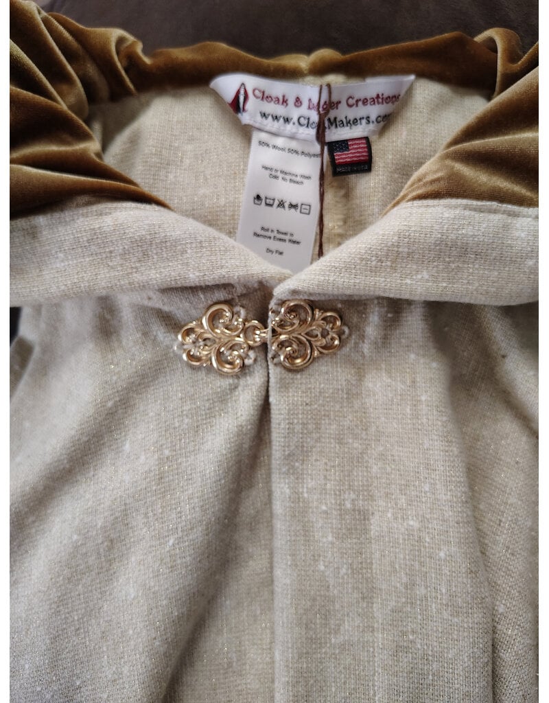 Cloakmakers.com 6012-Washable Lightweight Cream & Gold Wool Blend Cloak w/ Dark Gold Velvet Hood Lining