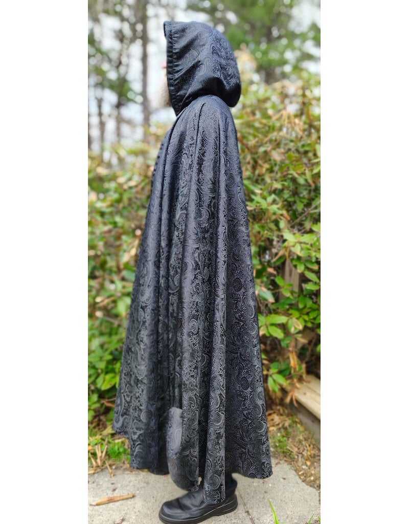 Cloakmakers.com 6014-Washable Black Paisley Cloak w/ Black Velvet Hood Lining & Silver Tone Clasp