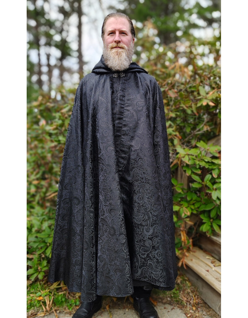 Cloakmakers.com 6014-Washable Black Paisley Cloak w/ Black Velvet Hood Lining & Silver Tone Clasp